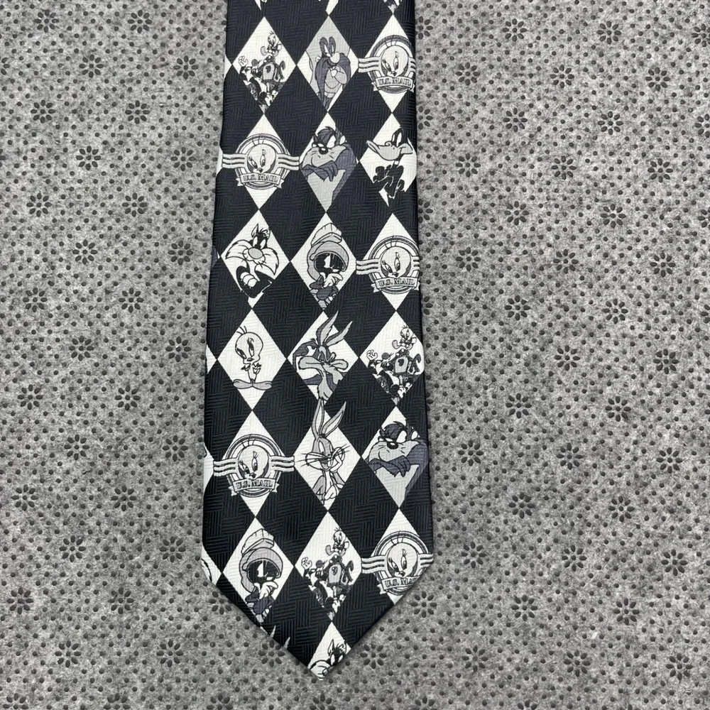 Vintage 1997 Looney Tunes Stamp Collection Tie Black White Diamond‎ Harlequin